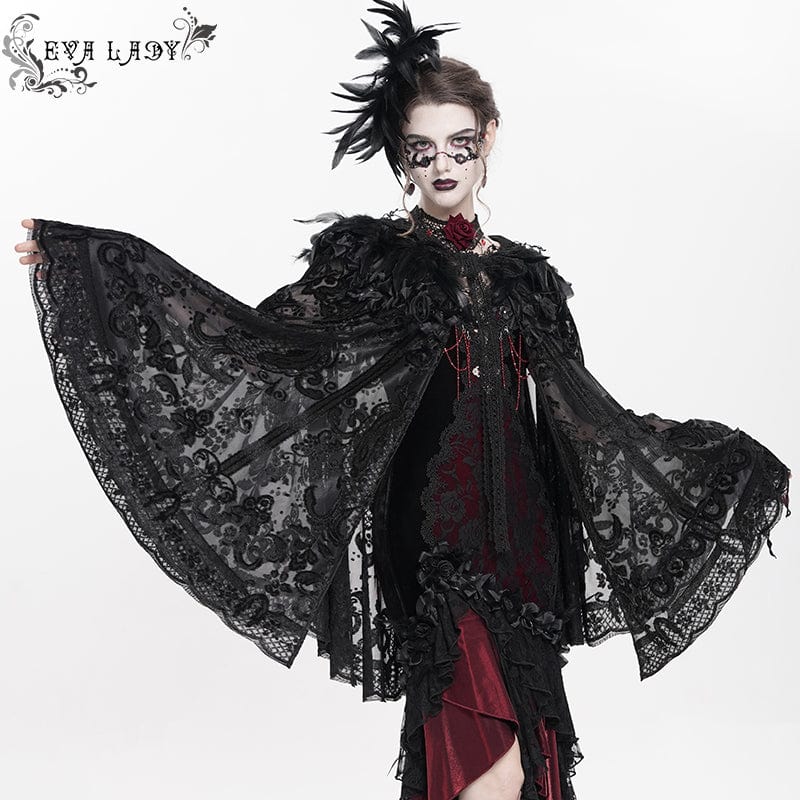 EVA LADY Women's Gothic Floral Embroidered Plumed Cloak