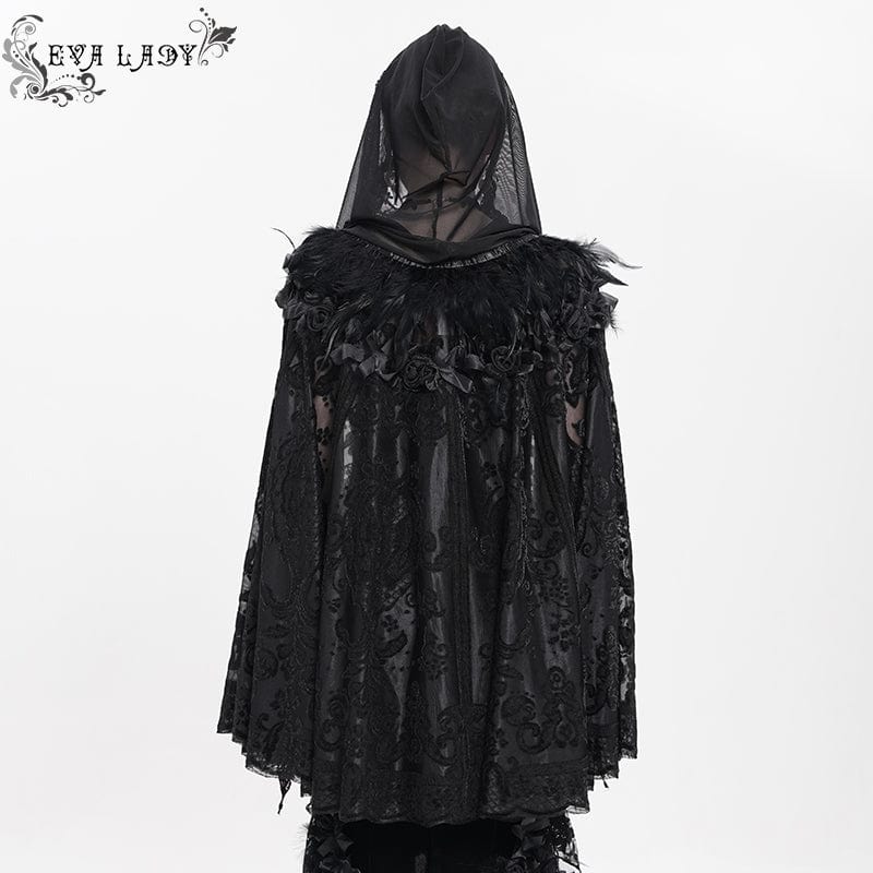 EVA LADY Women's Gothic Floral Embroidered Plumed Cloak