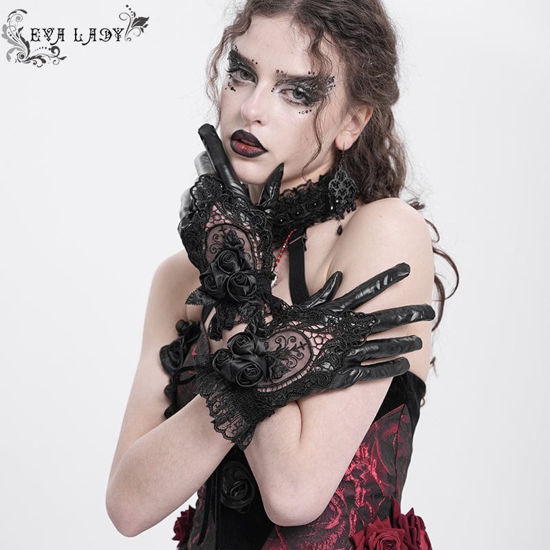 EVA LADY Women's Gothic Floral Embroidered Rose Lace Gloves