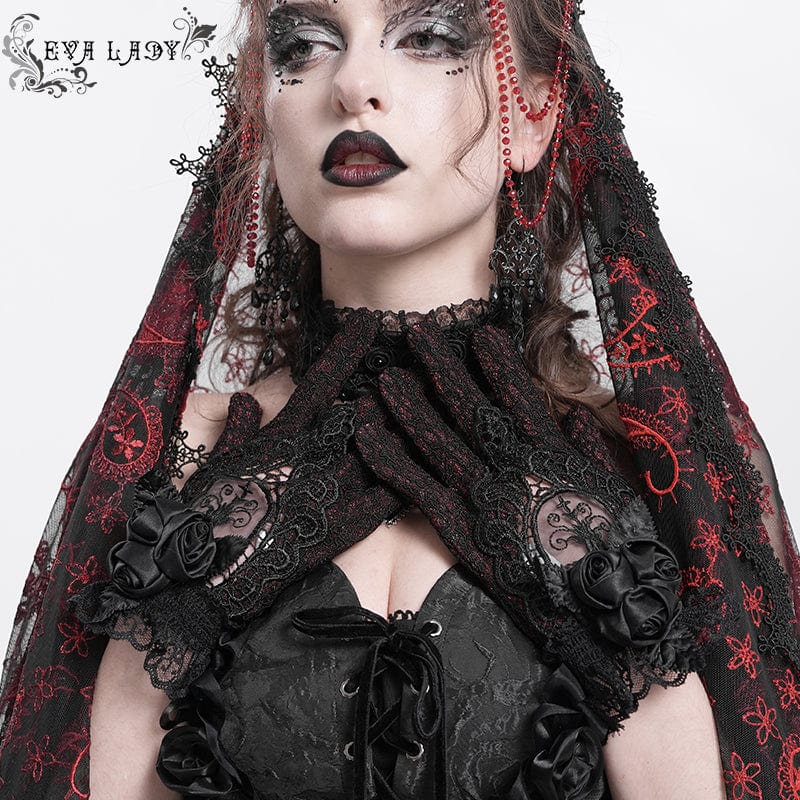 EVA LADY Women's Gothic Floral Embroidered Rose Lace Gloves Red