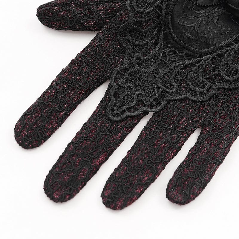EVA LADY Women's Gothic Floral Embroidered Rose Lace Gloves Red