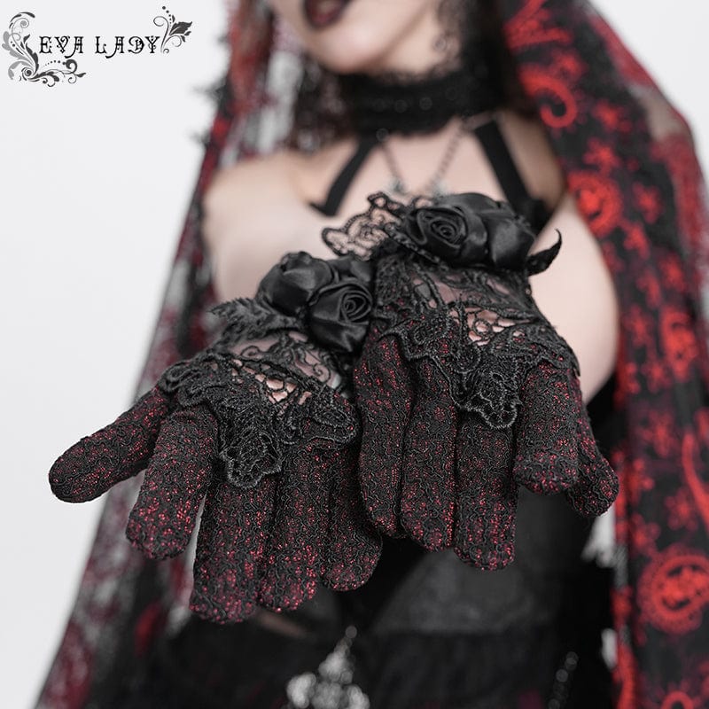 EVA LADY Women's Gothic Floral Embroidered Rose Lace Gloves Red