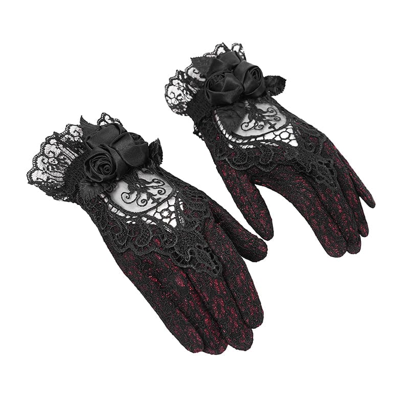 EVA LADY Women's Gothic Floral Embroidered Rose Lace Gloves Red