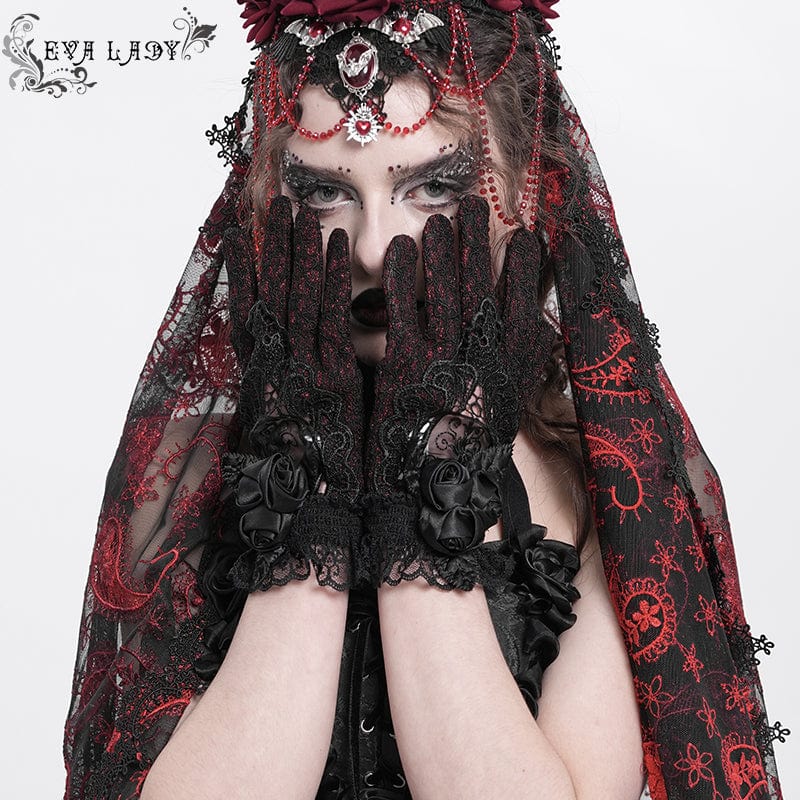 EVA LADY Women's Gothic Floral Embroidered Rose Lace Gloves Red