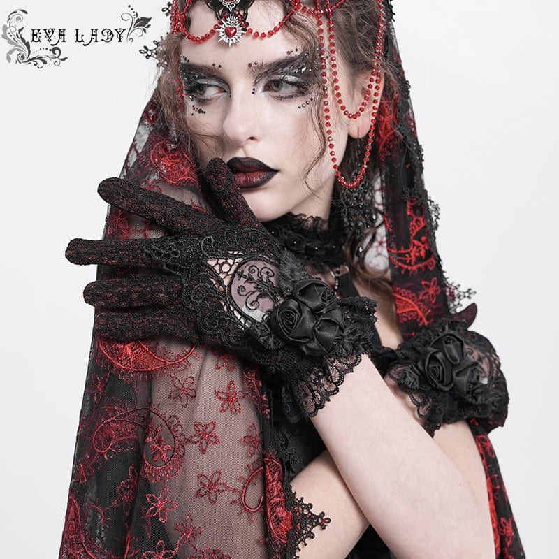 EVA LADY Women's Gothic Floral Embroidered Rose Lace Gloves Red