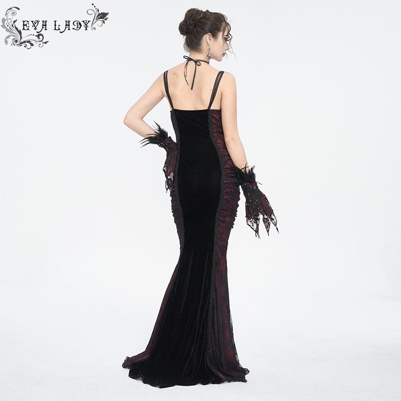 EVA LADY Women's Gothic Floral Embroidered Ruched Fishtail Dress