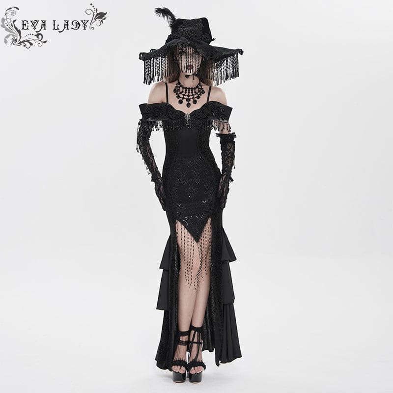 EVA LADY Women's Gothic Floral Embroidered Tassels Off-shoulder Slip Dress Black