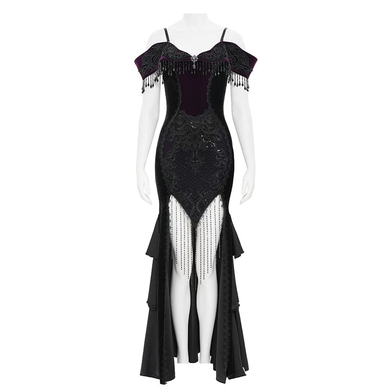 EVA LADY Women's Gothic Floral Embroidered Tassels Off-shoulder Slip Dress Black-Purple