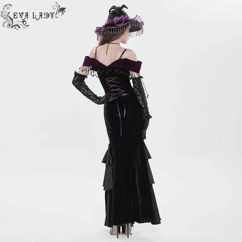EVA LADY Women's Gothic Floral Embroidered Tassels Off-shoulder Slip Dress Black-Purple