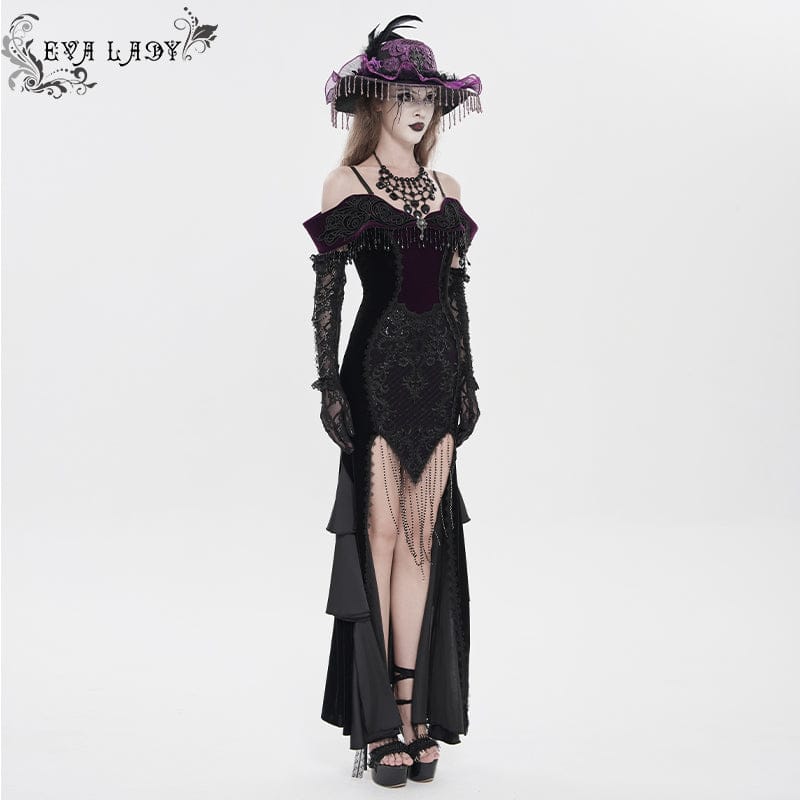 EVA LADY Women's Gothic Floral Embroidered Tassels Off-shoulder Slip Dress Black-Purple