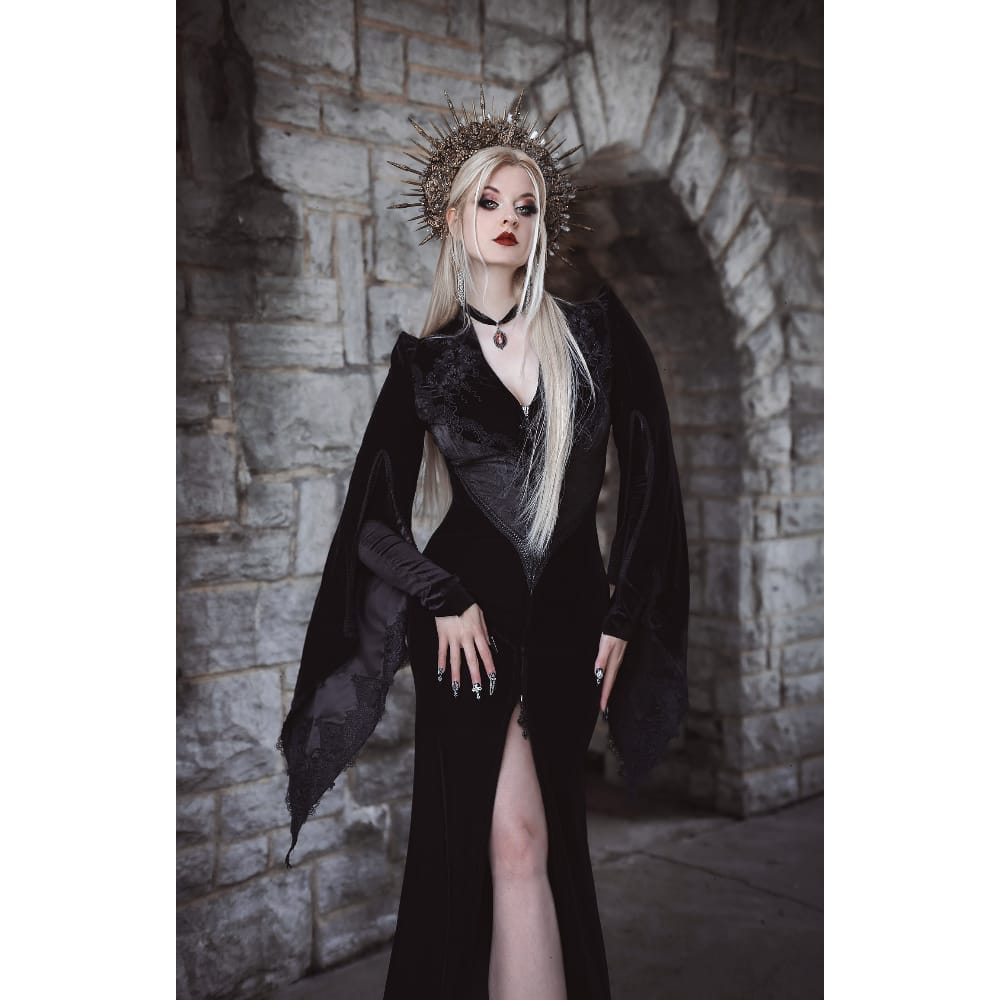 EVA LADY Women's Gothic Floral Embroidered Velvet Long Dress Wedding Dress Black