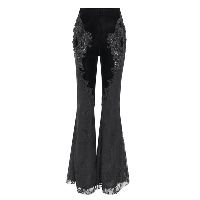 EVA LADY Women's Gothic Floral Embroidered Velvet Splice Lace Flared Leggings Black