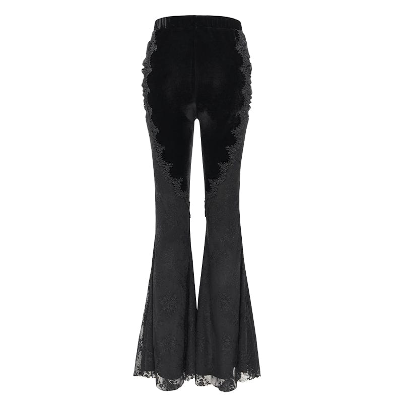 EVA LADY Women's Gothic Floral Embroidered Velvet Splice Lace Flared Leggings Black