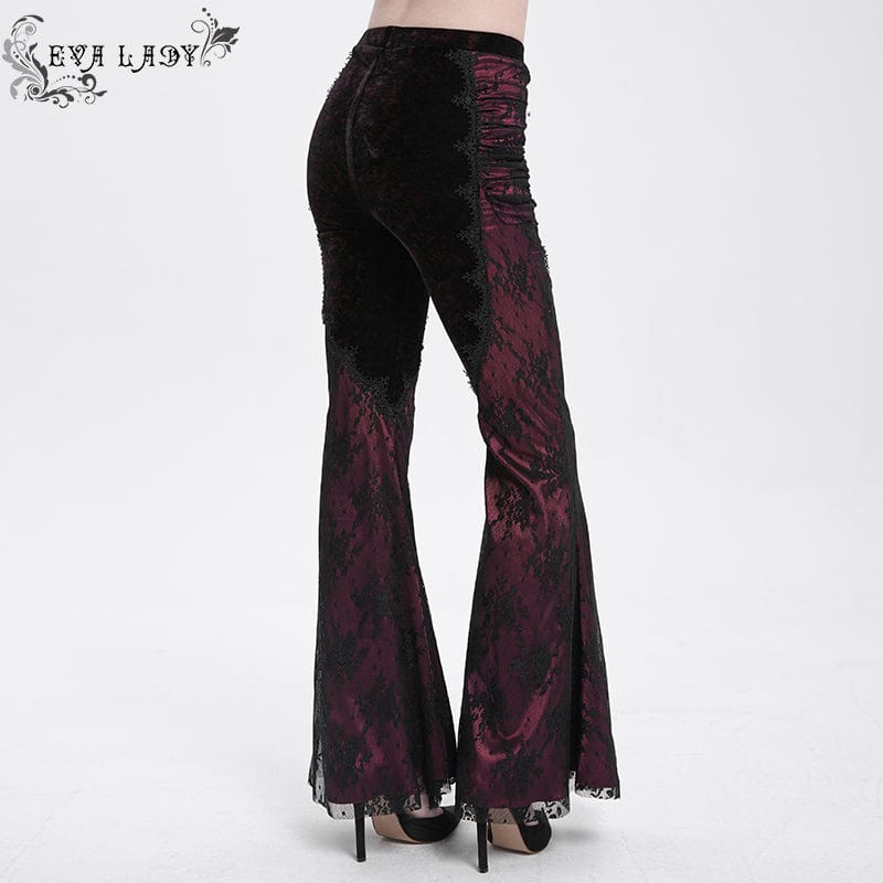 EVA LADY Women's Gothic Floral Embroidered Velvet Splice Lace Flared Leggings Red