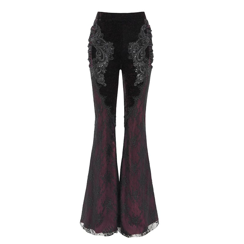 EVA LADY Women's Gothic Floral Embroidered Velvet Splice Lace Flared Leggings Red