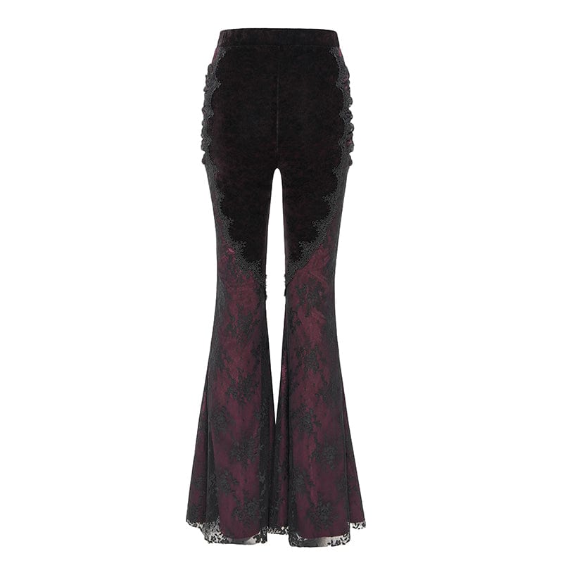 EVA LADY Women's Gothic Floral Embroidered Velvet Splice Lace Flared Leggings Red