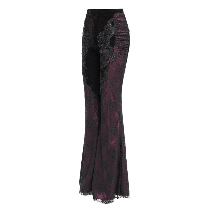 EVA LADY Women's Gothic Floral Embroidered Velvet Splice Lace Flared Leggings Red