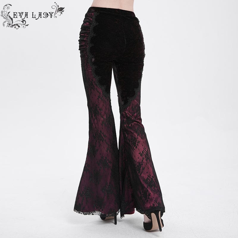 EVA LADY Women's Gothic Floral Embroidered Velvet Splice Lace Flared Leggings Red