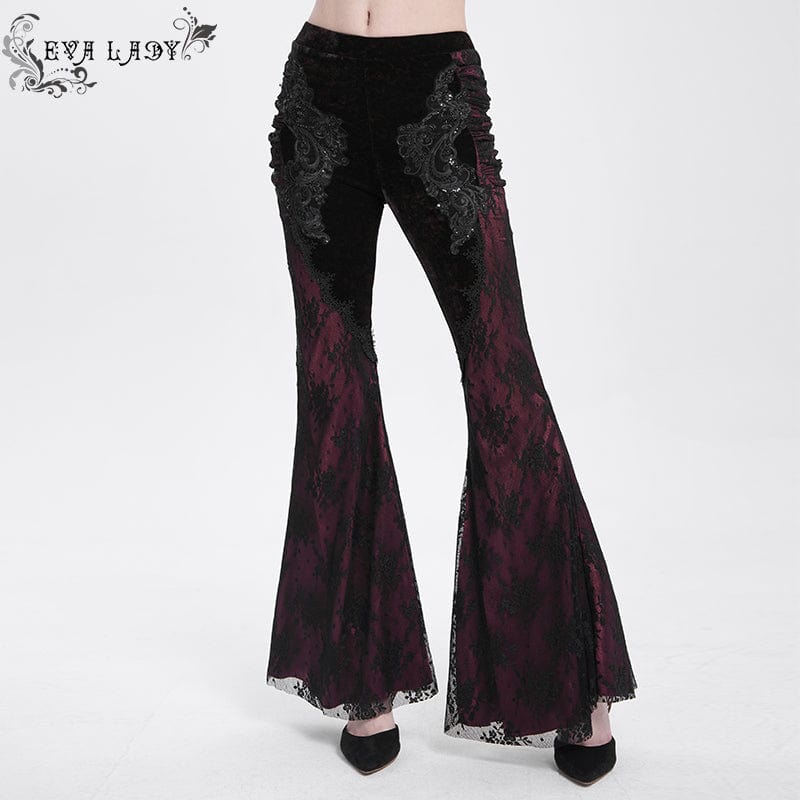 EVA LADY Women's Gothic Floral Embroidered Velvet Splice Lace Flared Leggings Red