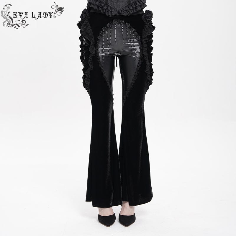 EVA LADY Women's Gothic Floral Faux Leather&Velvet Ruffle Pants Black