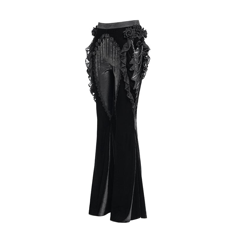EVA LADY Women's Gothic Floral Faux Leather&Velvet Ruffle Pants Black