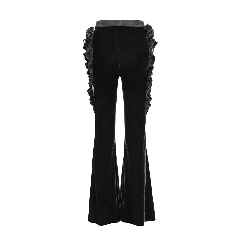 EVA LADY Women's Gothic Floral Faux Leather&Velvet Ruffle Pants Black