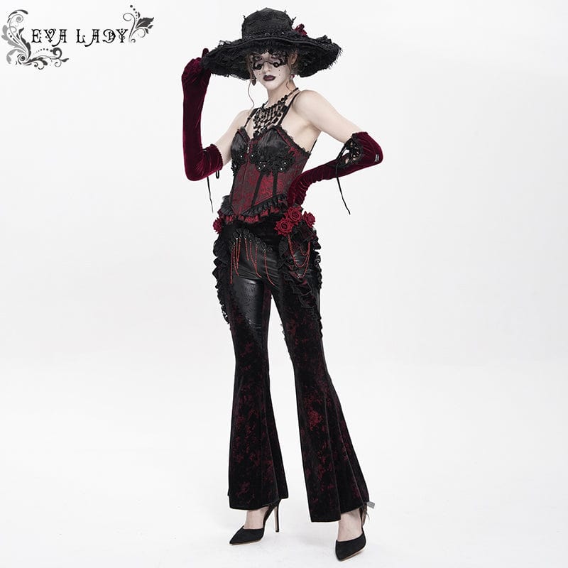 EVA LADY Women's Gothic Floral Faux Leather&Velvet Ruffle Pants Red