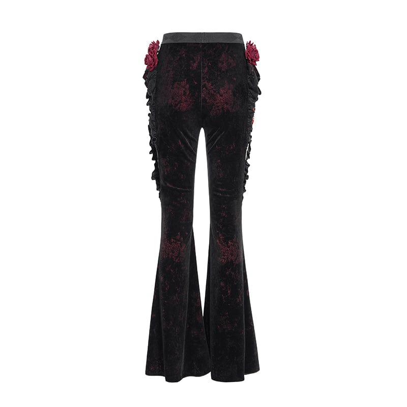 EVA LADY Women's Gothic Floral Faux Leather&Velvet Ruffle Pants Red