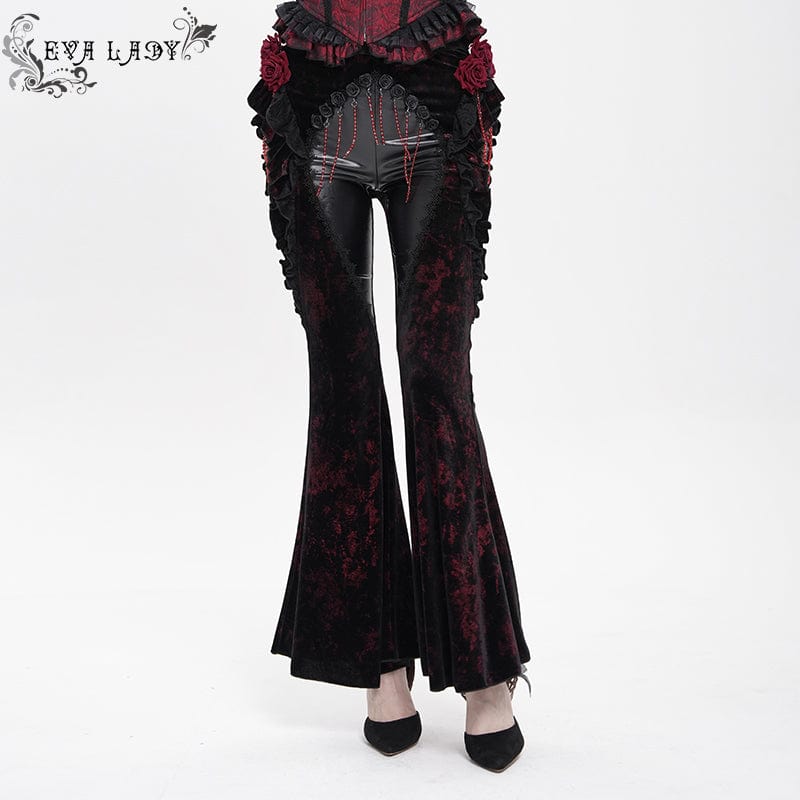 EVA LADY Women's Gothic Floral Faux Leather&Velvet Ruffle Pants Red