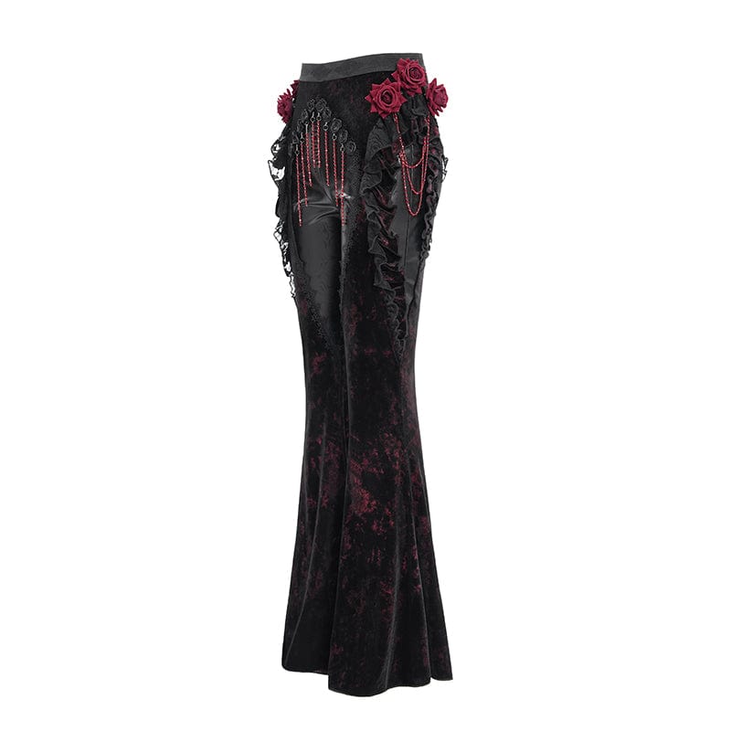 EVA LADY Women's Gothic Floral Faux Leather&Velvet Ruffle Pants Red