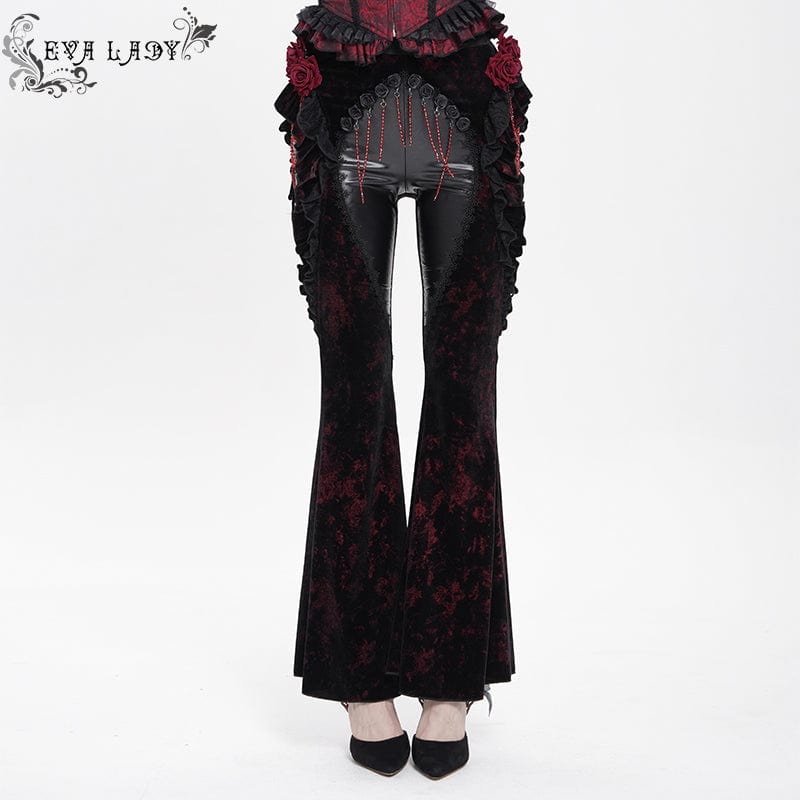EVA LADY Women's Gothic Floral Faux Leather&Velvet Ruffle Pants Red