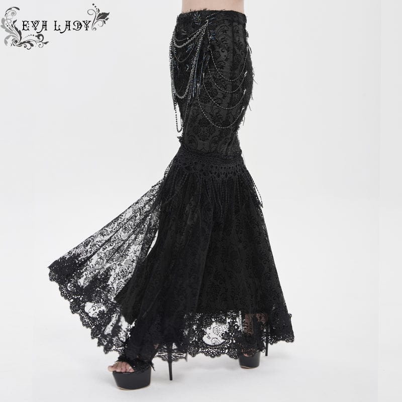 EVA LADY Women's Gothic Floral Lace Beaded Chained Long Skirt Black