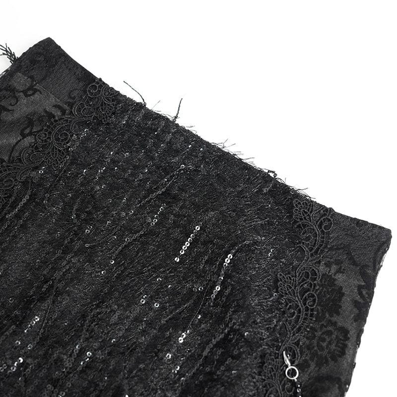 EVA LADY Women's Gothic Floral Lace Beaded Chained Long Skirt Black