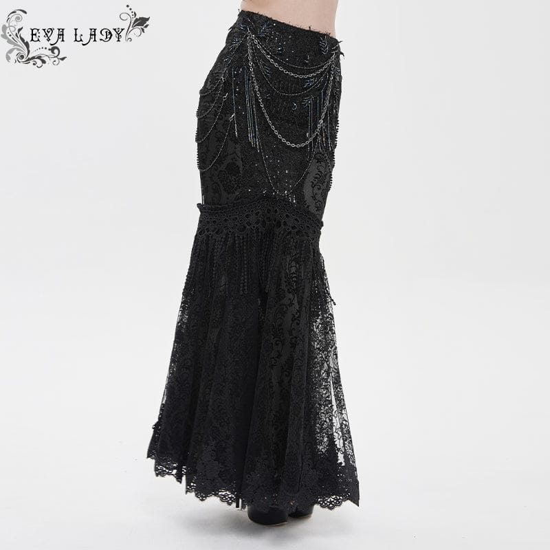 EVA LADY Women's Gothic Floral Lace Beaded Chained Long Skirt Black