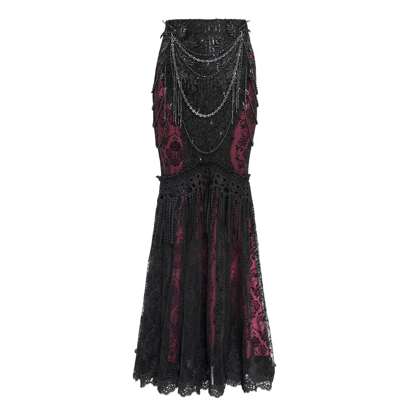 EVA LADY Women's Gothic Floral Lace Beaded Chained Long Skirt Black-Red
