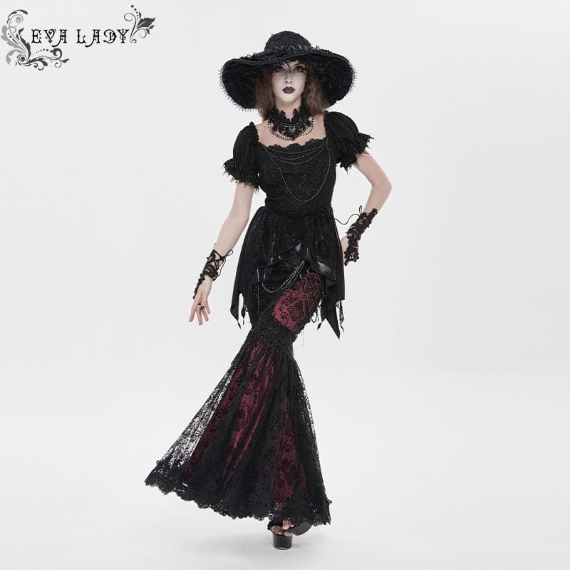 EVA LADY Women's Gothic Floral Lace Beaded Chained Long Skirt Black-Red