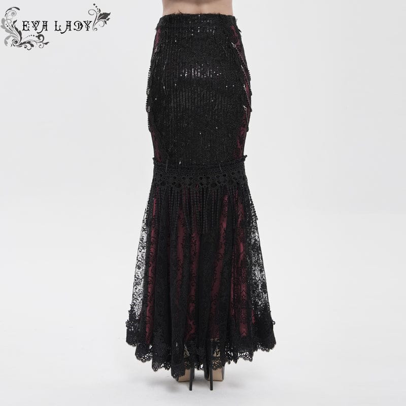 EVA LADY Women's Gothic Floral Lace Beaded Chained Long Skirt Black-Red