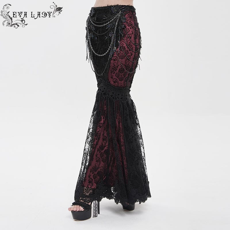 EVA LADY Women's Gothic Floral Lace Beaded Chained Long Skirt Black-Red