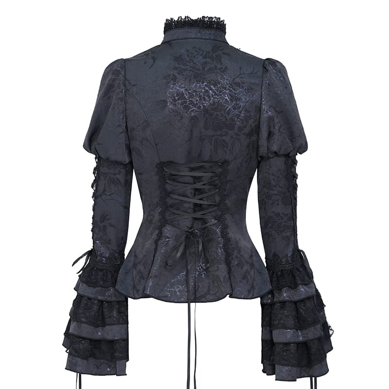 EVA LADY Women's Gothic Floral Lace Patchwork Lace-up Puff Flare Sleeve Blouse