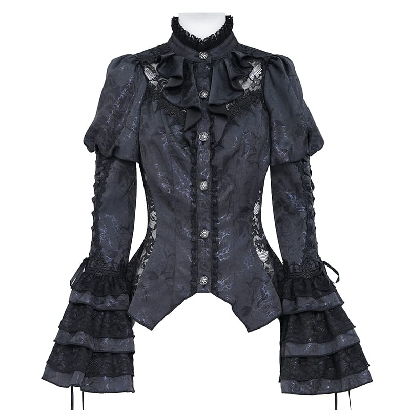 EVA LADY Women's Gothic Floral Lace Patchwork Lace-up Puff Flare Sleeve Blouse