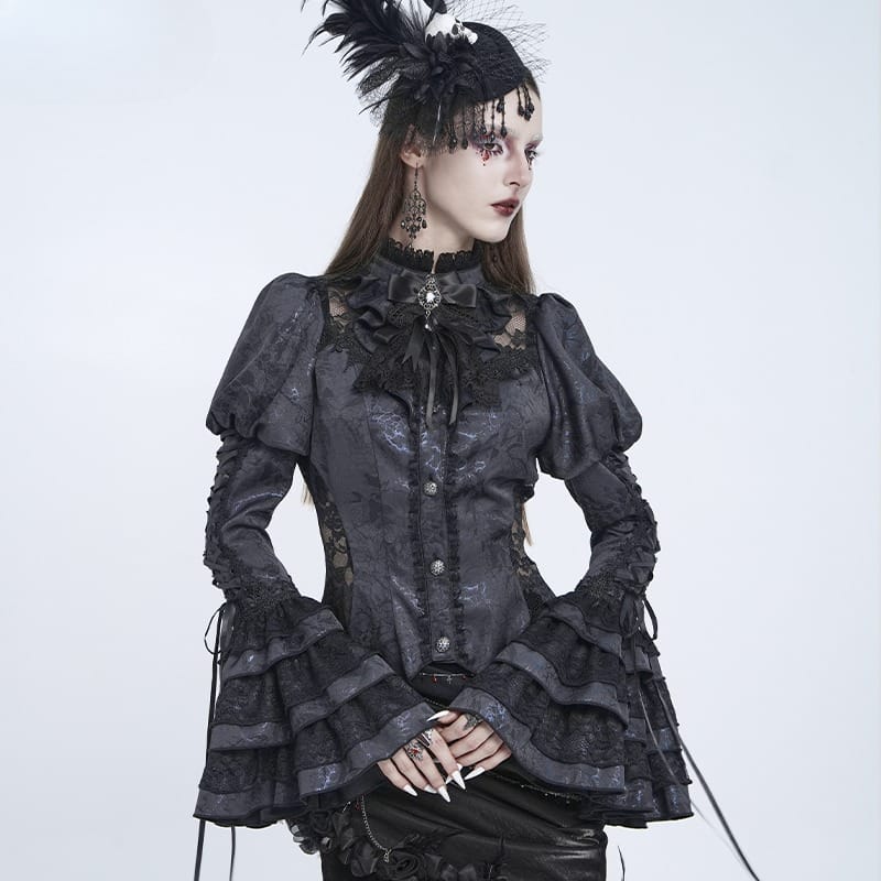 EVA LADY Women's Gothic Floral Lace Patchwork Lace-up Puff Flare Sleeve Blouse