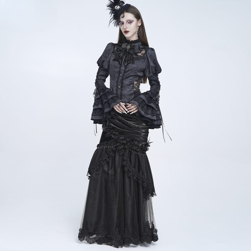 EVA LADY Women's Gothic Floral Lace Patchwork Lace-up Puff Flare Sleeve Blouse
