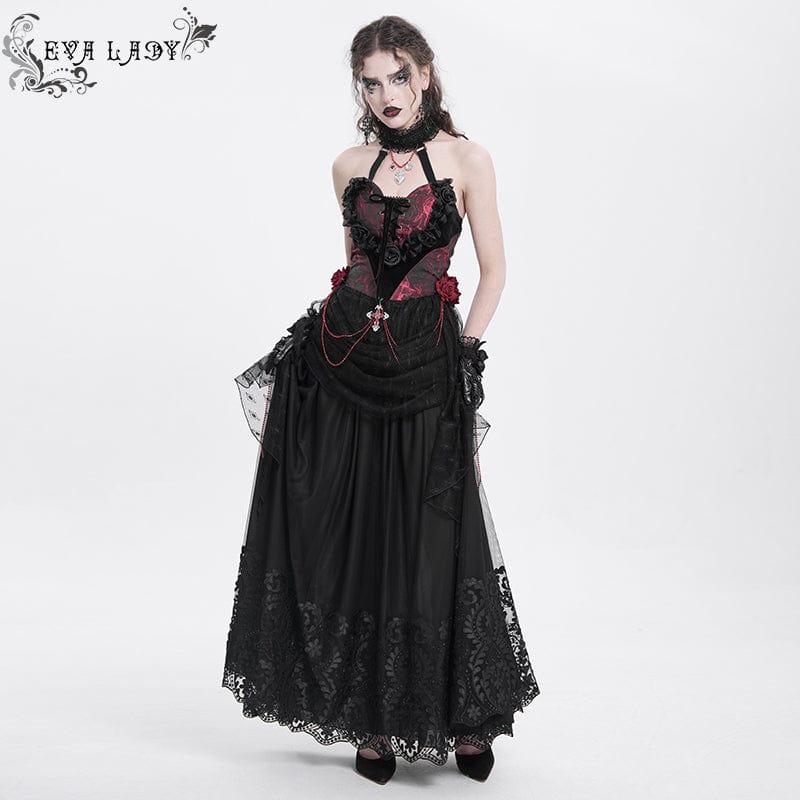EVA LADY Women's Gothic Floral Mesh Splice Skirt Black