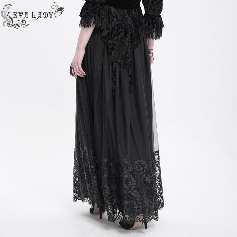 EVA LADY Women's Gothic Floral Mesh Splice Skirt Black