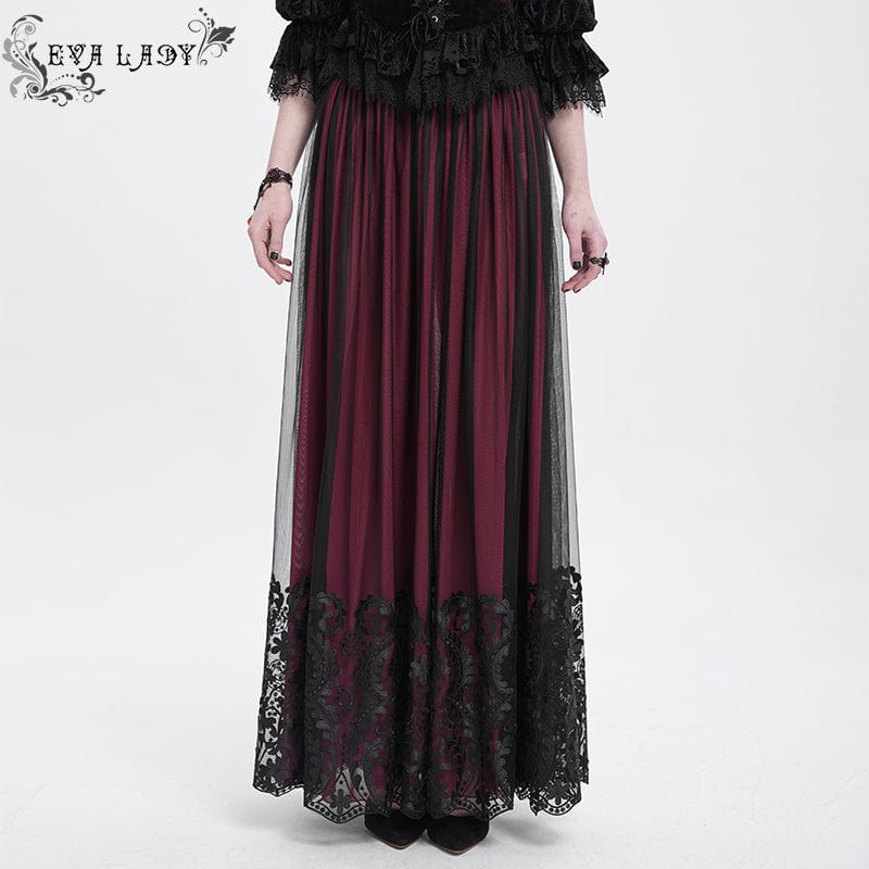 EVA LADY Women's Gothic Floral Mesh Splice Skirt Red