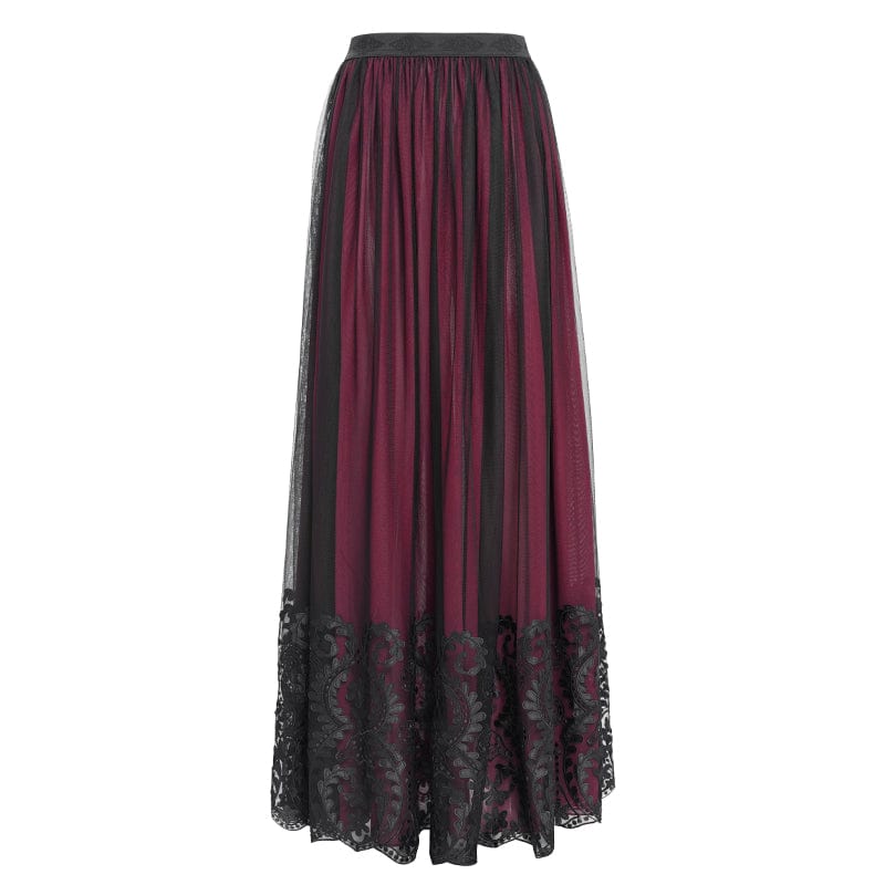 EVA LADY Women's Gothic Floral Mesh Splice Skirt Red