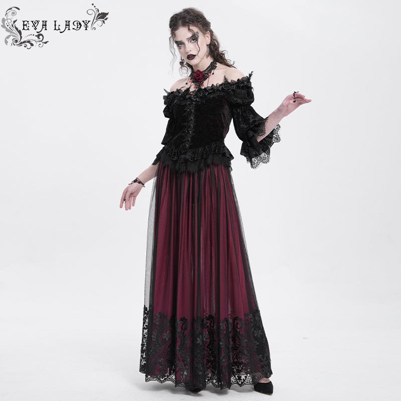EVA LADY Women's Gothic Floral Mesh Splice Skirt Red