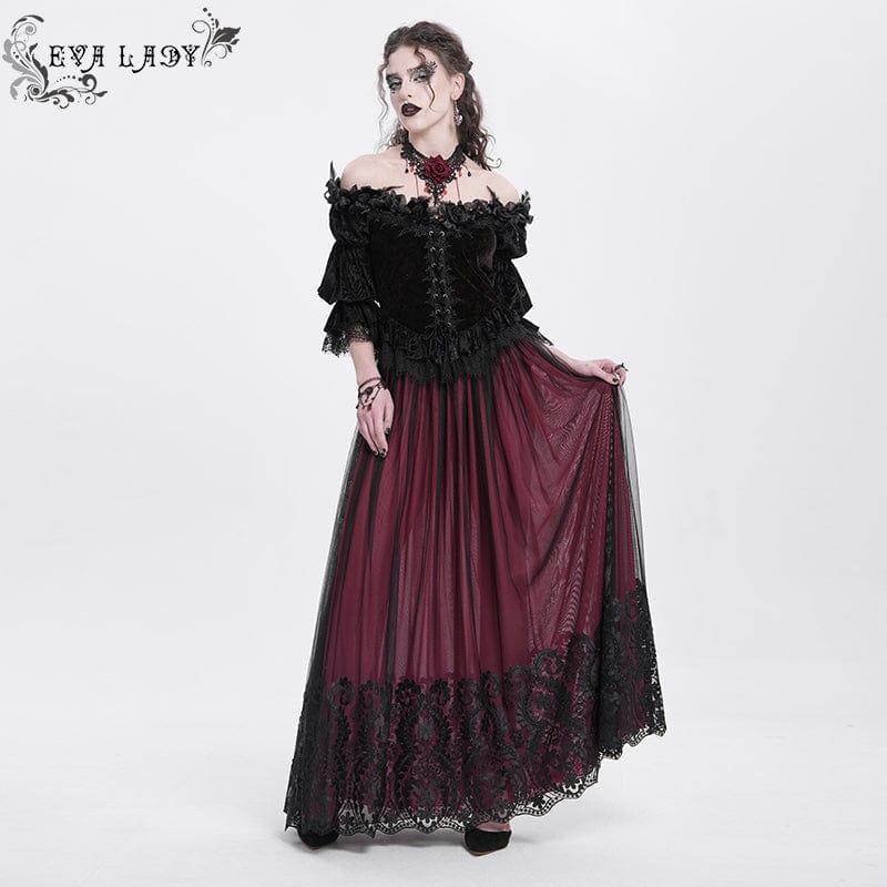 EVA LADY Women's Gothic Floral Mesh Splice Skirt Red