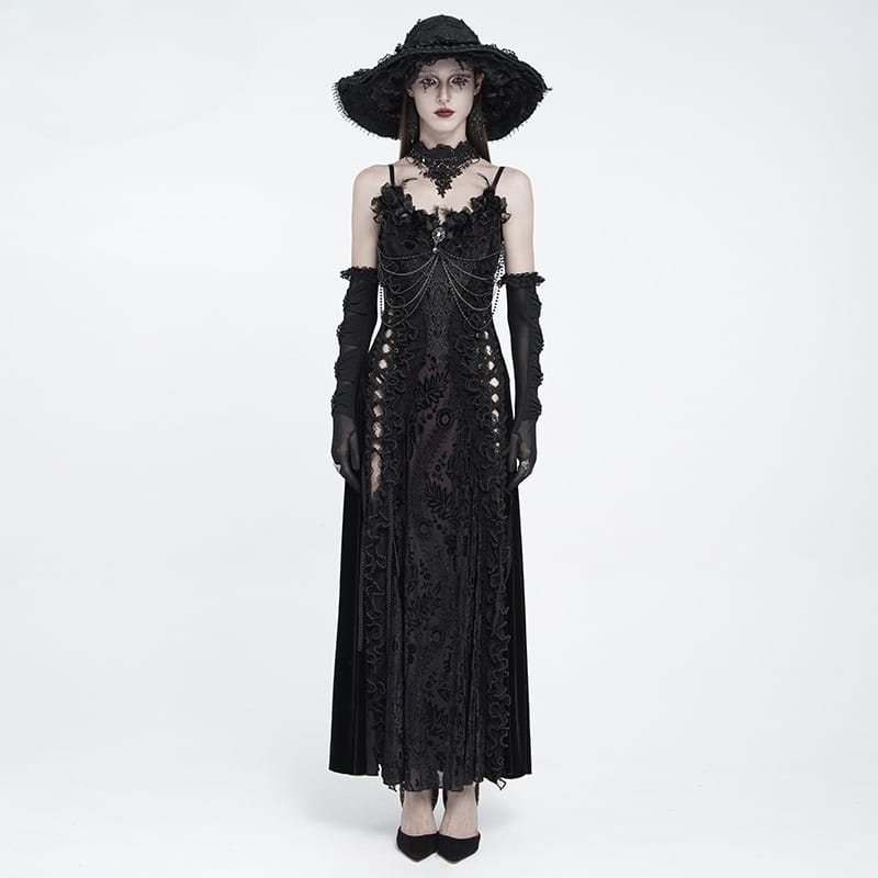 EVA LADY Women's Gothic Floral Side Lace-up Beaded Ruffle Chain Slip Dress