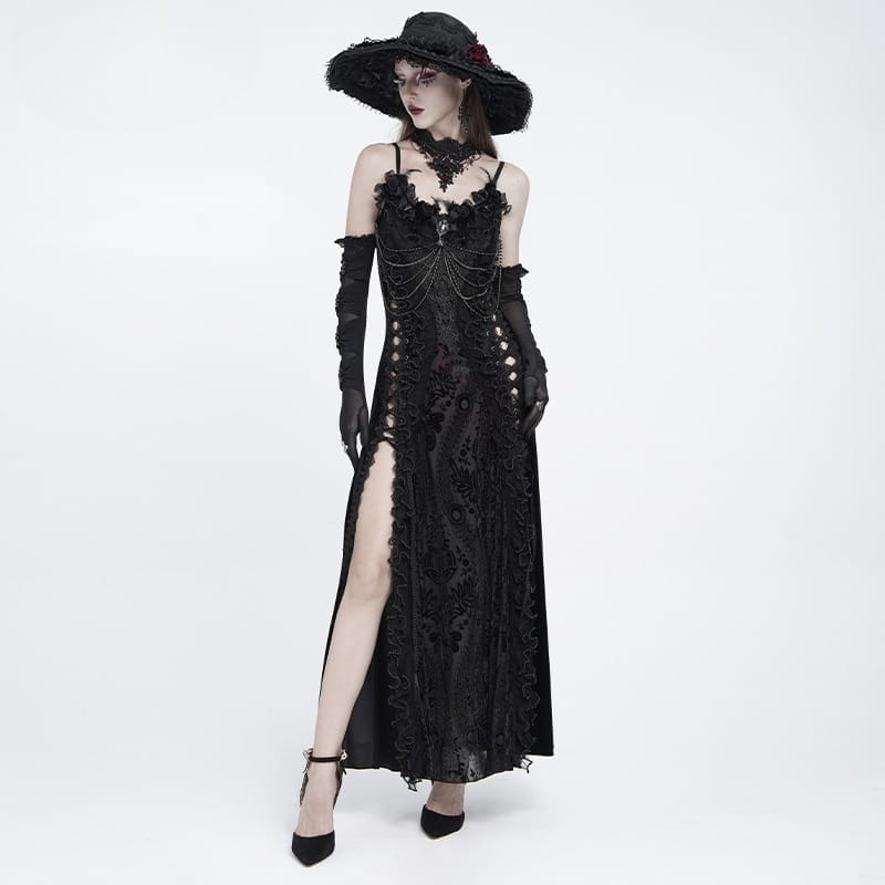 EVA LADY Women's Gothic Floral Side Lace-up Beaded Ruffle Chain Slip Dress